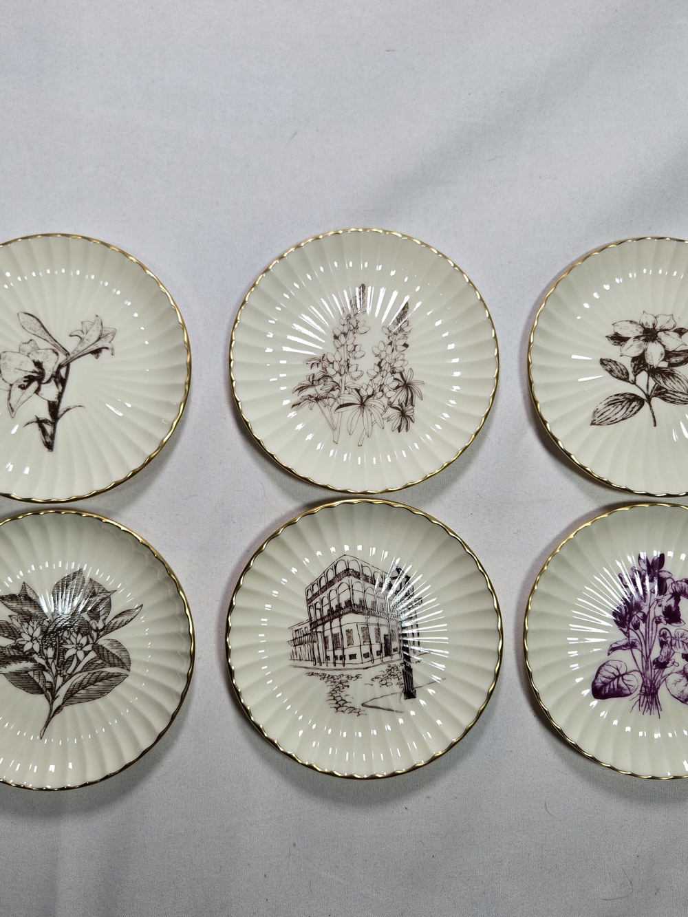 Set of 6 Vintage LENOX Otis Porcelain Small Plates Flowers Gold Trim USA